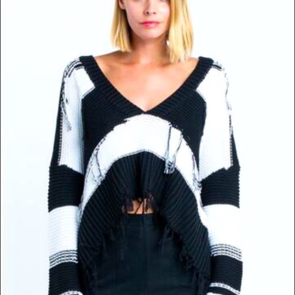 WILDFOX Kara Black White Striped Fringe Ripped Sweater - Picture 1 of 9